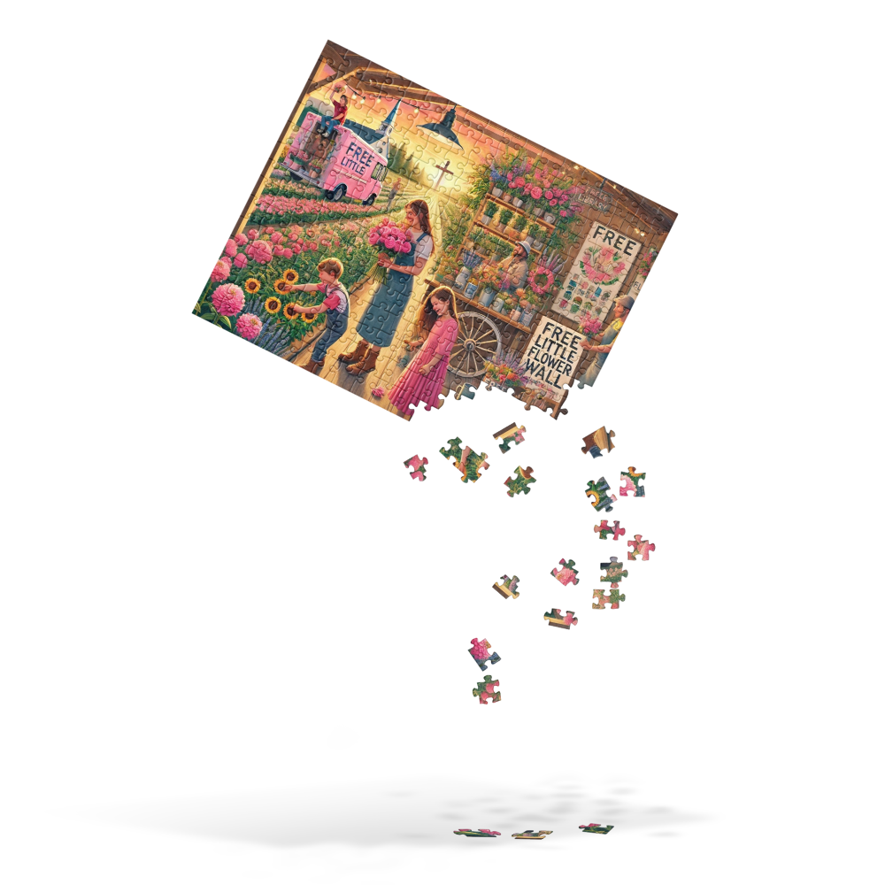 AI-created farm life jigsaw puzzle by Blessings Grow Meadows, featuring detailed farm scene with animals and rural landscape.
