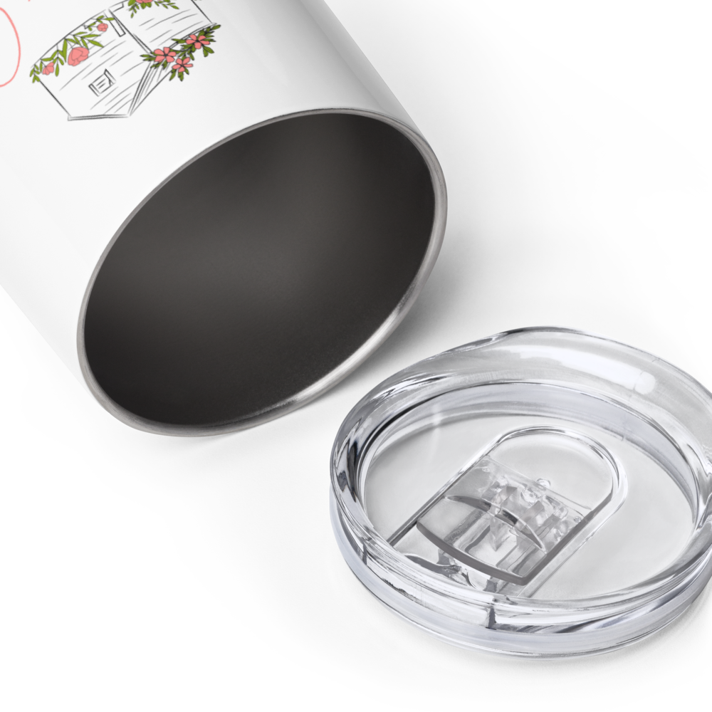 Blessings Grow Meadows logo tumbler, housewares item with a sleek design and brand logo on a durable travel mug.