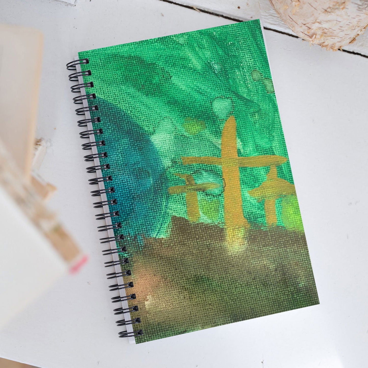 Spiral watercolor notebook with custom cover design, Blessings Grow Meadows housewares, featuring vibrant watercolor artwork.