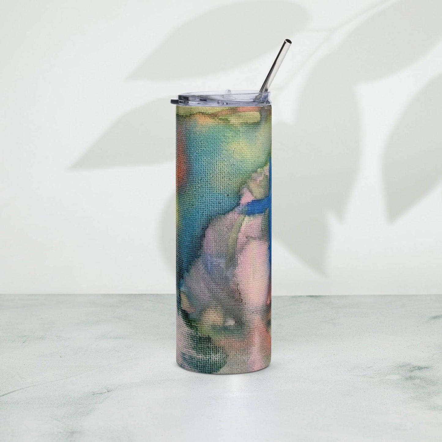 Stainless steel tumbler with custom watercolor cross design from Blessings Grow Meadows housewares.