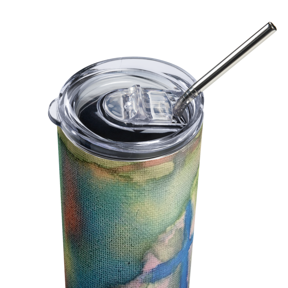 Stainless steel tumbler with custom watercolor cross design, Blessings Grow Meadows houseware for everyday use