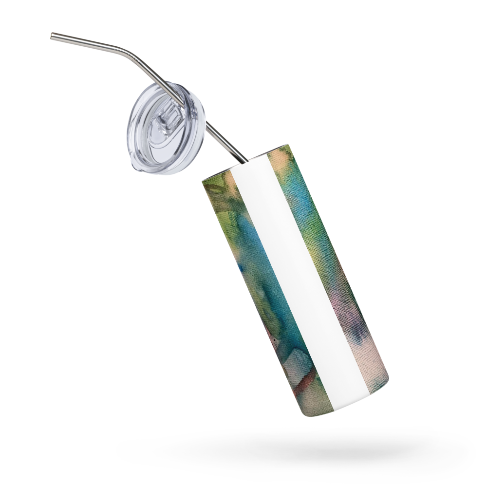 Stainless steel tumbler with custom watercolor cross design, houseware item by Blessings Grow Meadows.