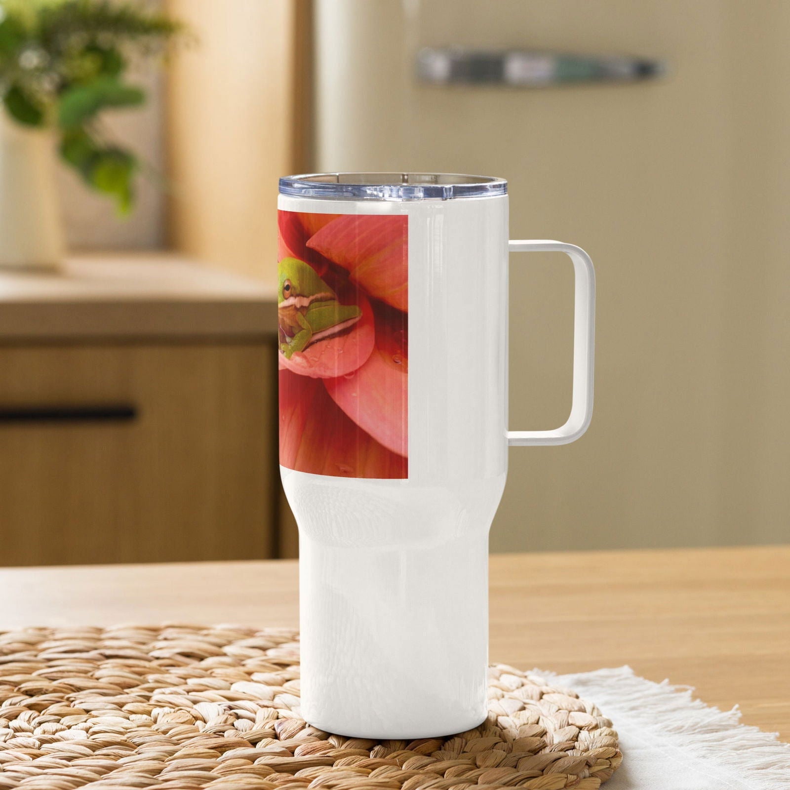 Blessings Grow Meadows travel mug with handle featuring a Felling Froggy design, perfect for housewares and daily use.