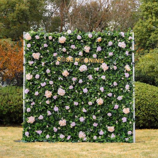 Artificial pink flower wall rental curtains by Blessings Grow Meadows, 8x8 or 4x4 fabric and silk roses, customizable for events in Metter, GA.