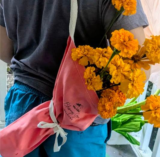 Sage green handmade bouquet bag from Blessings Grow Meadows Merch & More, designed for carrying fresh market flowers or bouquets.