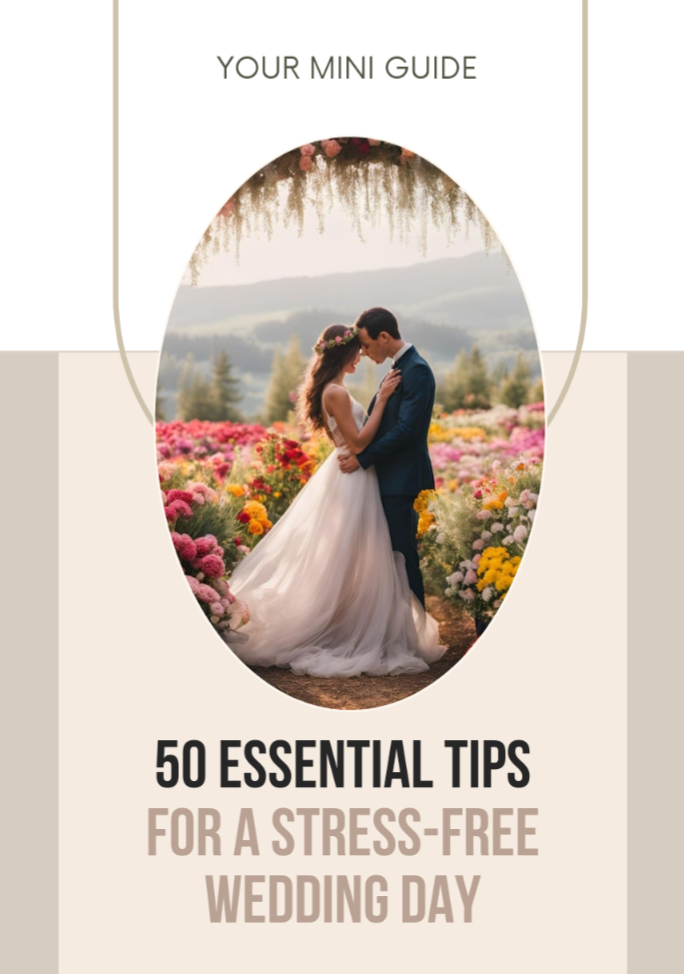 Printable wedding planning ebook cover titled "Essential Tips for Stress-Free Wedding" by Blessings Grow Meadows Merch & More.