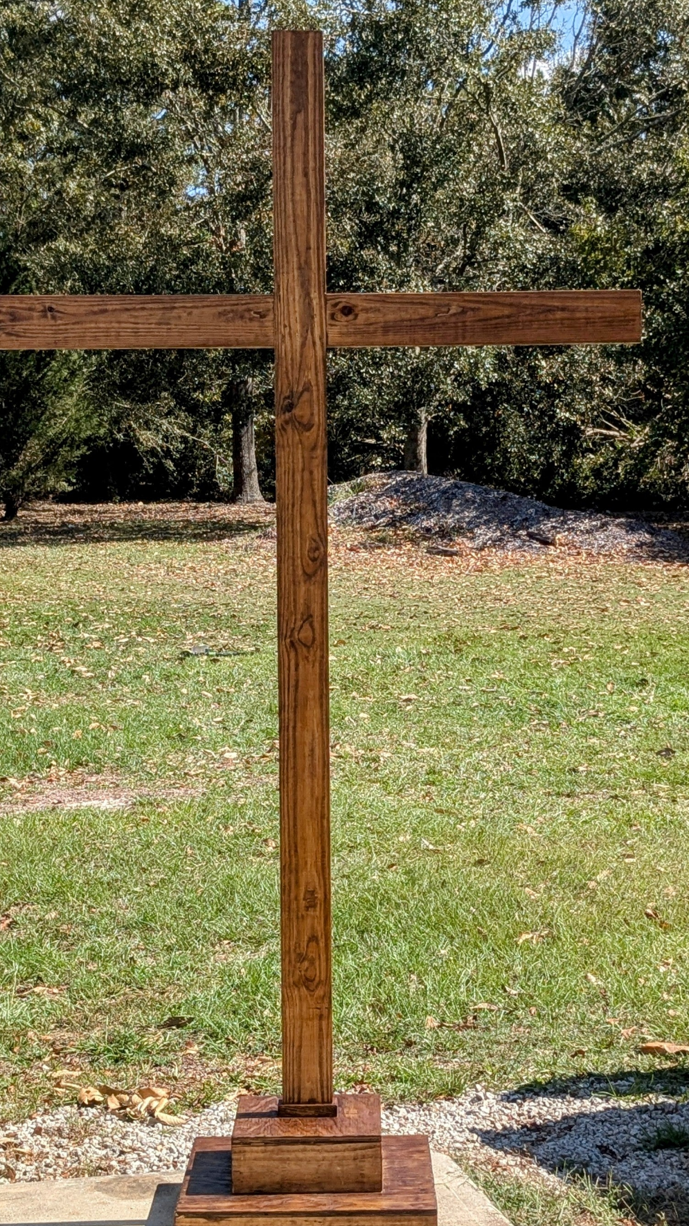 7-foot tall wooden mahogany ceremonial cross for rental, displayed for event use, from Blessings Grow Meadows Merch & More.