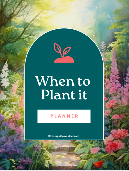 Image of gardening tools from Blessings Grow Meadows, with a free gardening guide ebook download icon displayed.