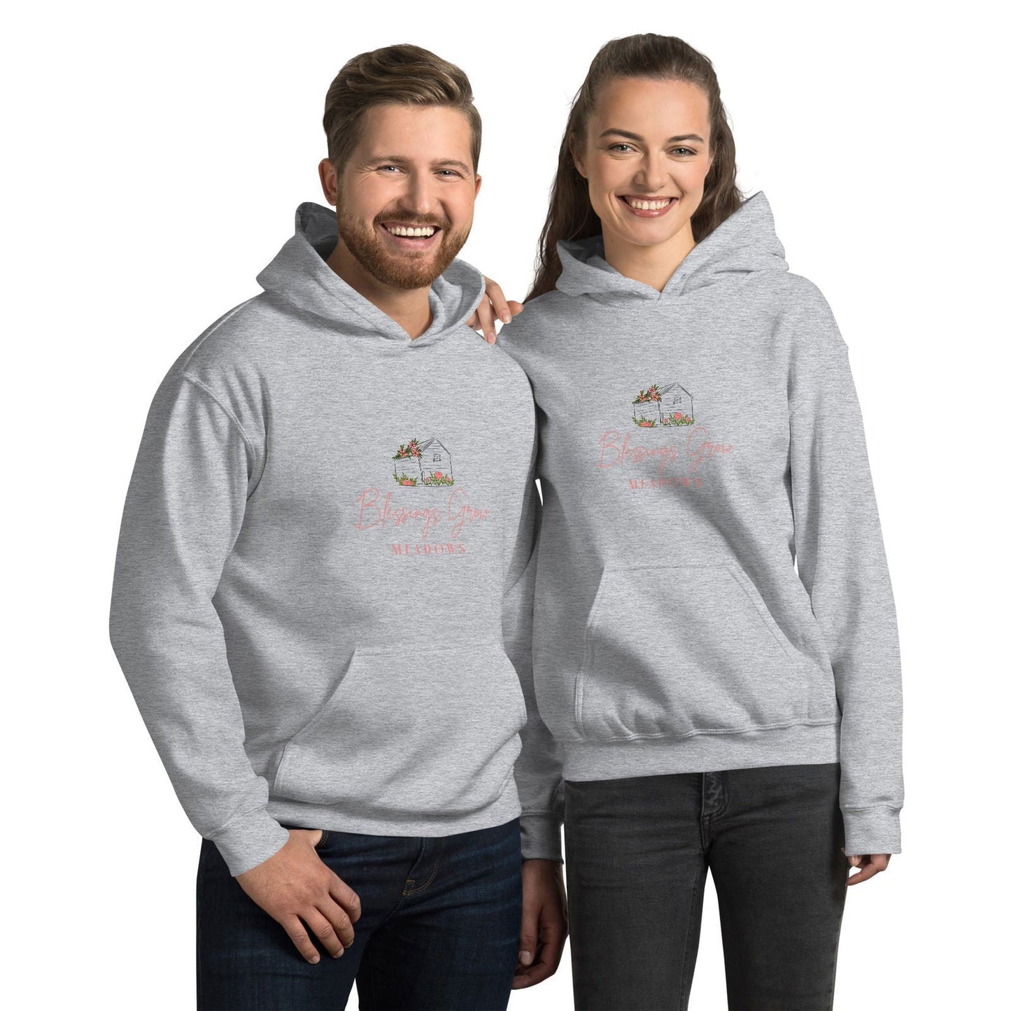 Unisex Blessings Grow Meadows Logo Hoodie in military green, featuring a front logo design, casual and comfortable shirt style.