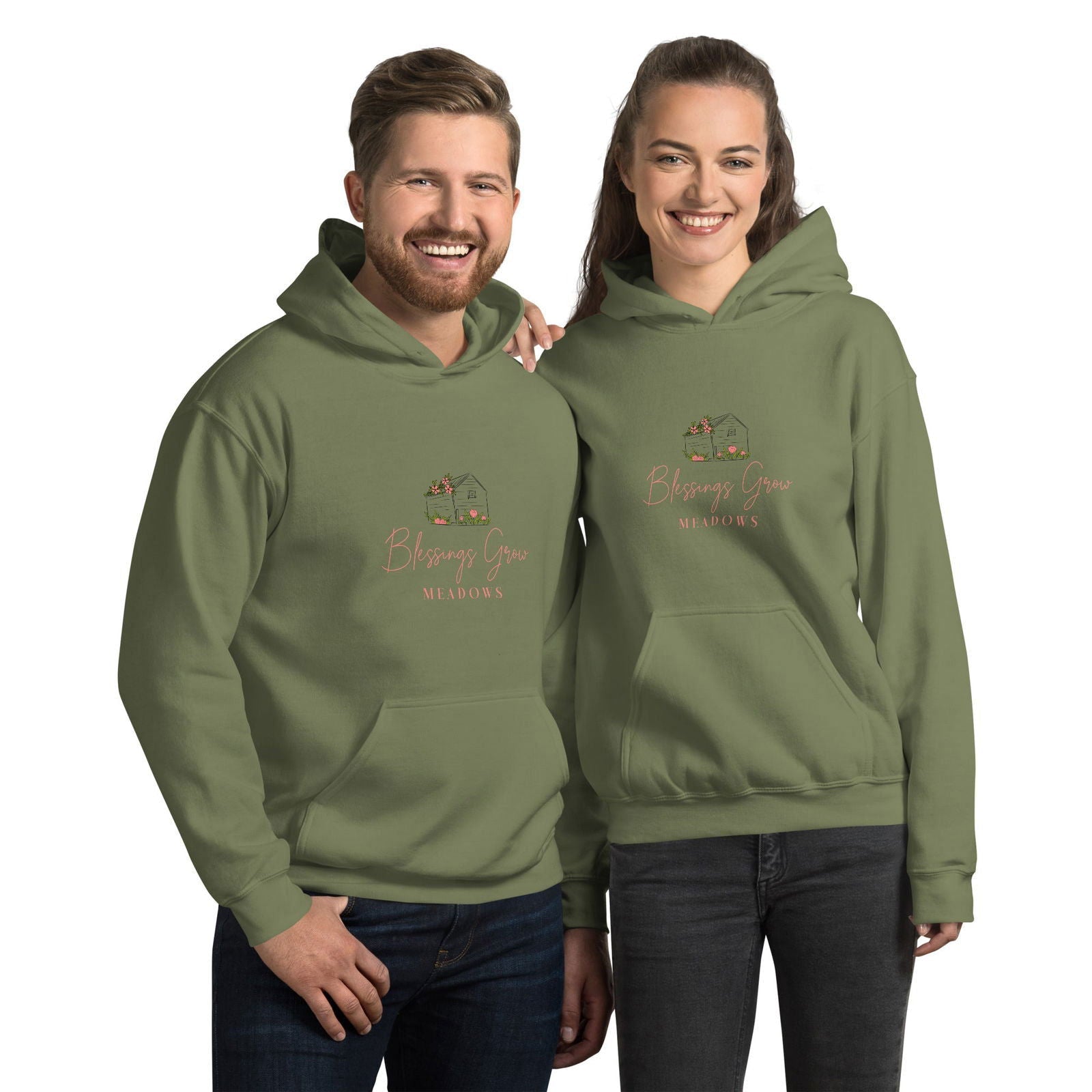 Unisex Blessings Grow Meadows Logo Hoodie in military green with front logo design, made by Blessings Grow Meadows Merch.