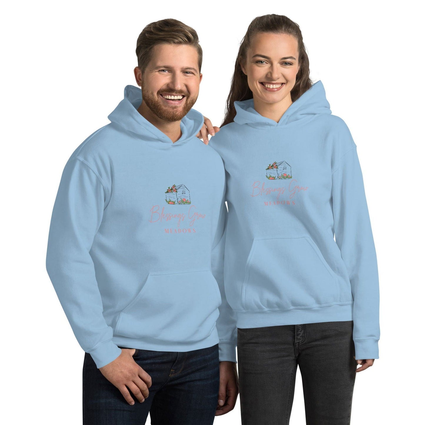 Unisex Blessings Grow Meadows Logo Hoodie in military green, featuring a front logo design on a comfortable shirt.