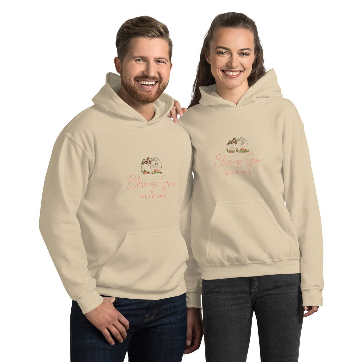 Unisex Blessings Grow Meadows Logo Hoodie in military green, features a front logo design on a comfortable shirt.