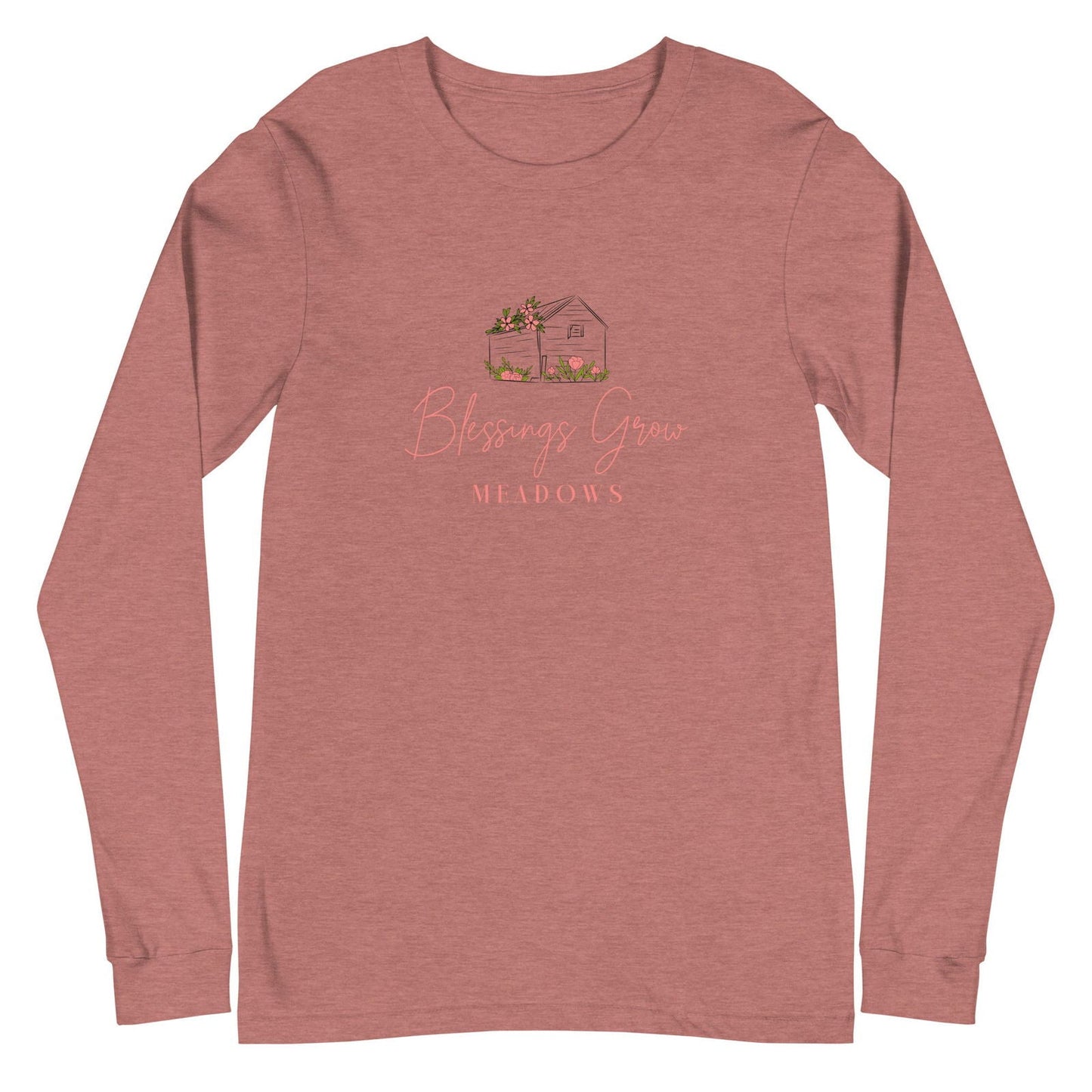Unisex long sleeve tee in heather mauve with Bella + Blessings Grow Meadows logo, casual shirt for men and women.