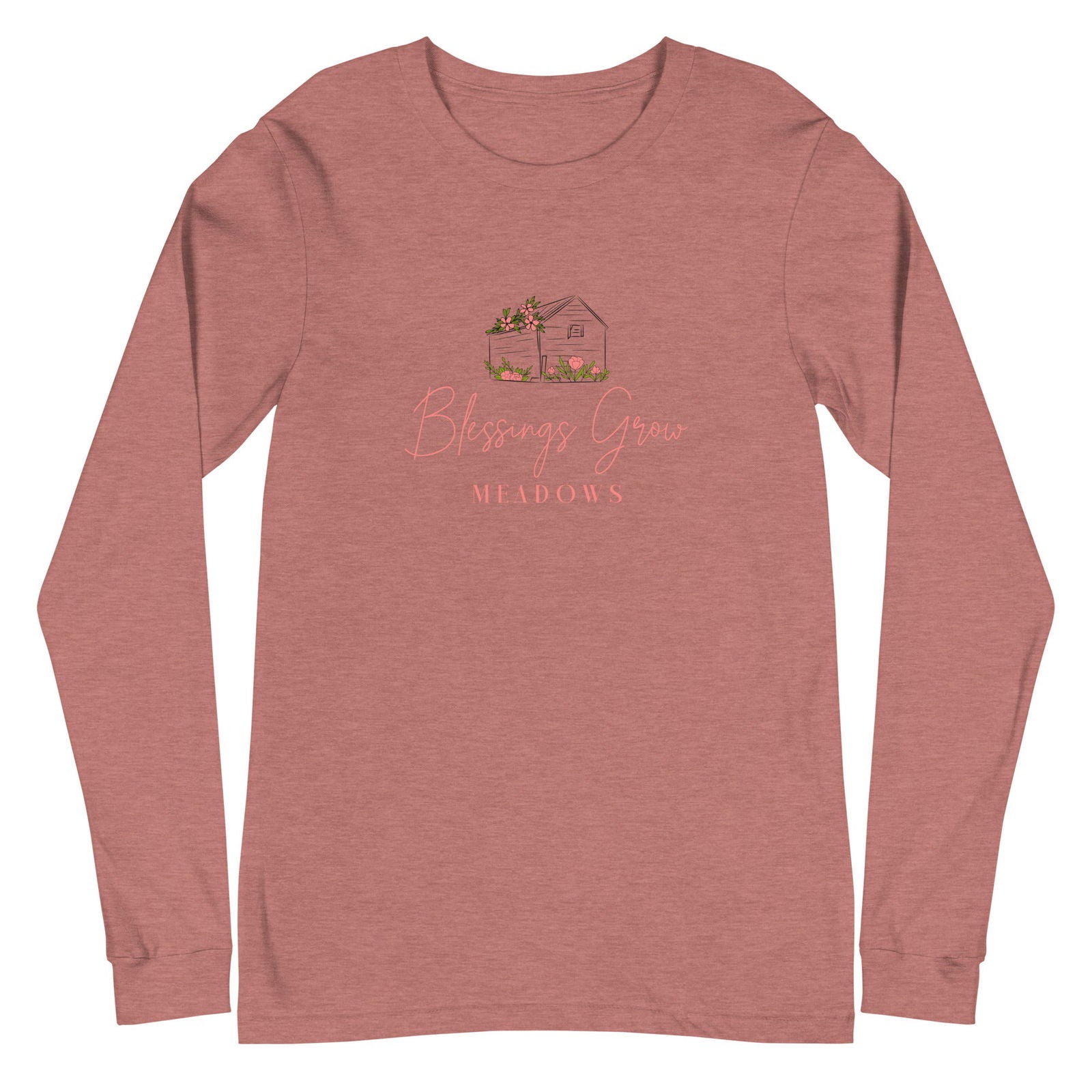 Unisex long sleeve tee in heather mauve with Bella + Blessings Grow Meadows logo, casual shirt for men and women.