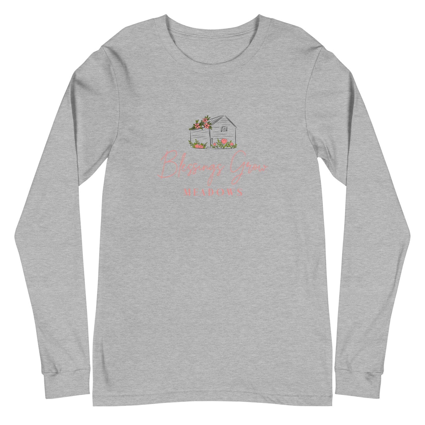 Unisex long sleeve Heather Mauve Bella + Logo Tee by Blessings Grow Meadows, showing the front with brand logo.