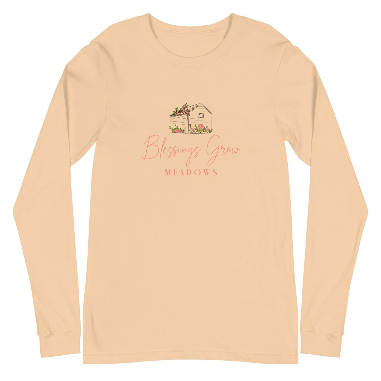 Unisex long sleeve shirt by Blessings Grow Meadows in heather mauve with Bella logo, casual and comfortable design.
