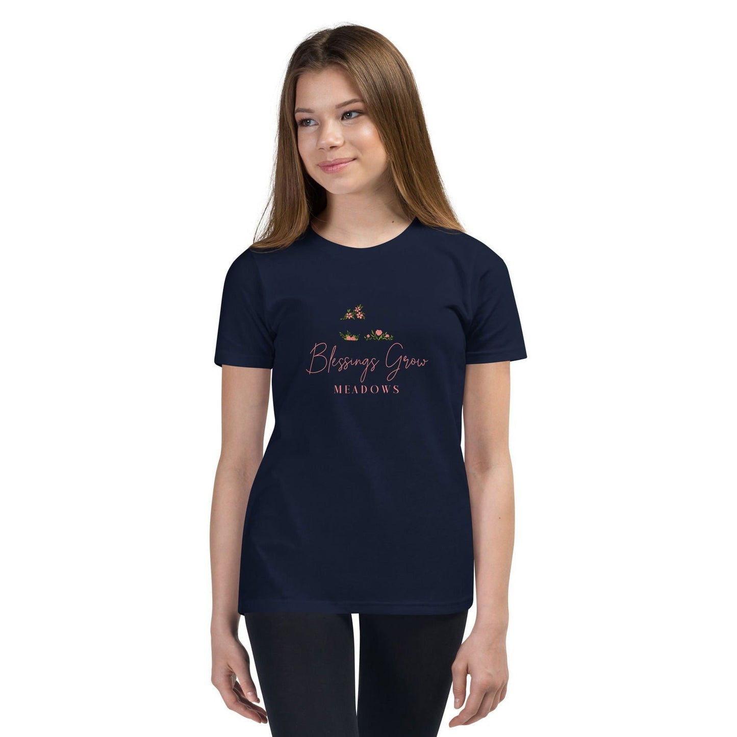 Navy youth Blessings Grow Meadows Comfort Colors T-shirt with colorful graphic design on front, made of soft cotton fabric.
