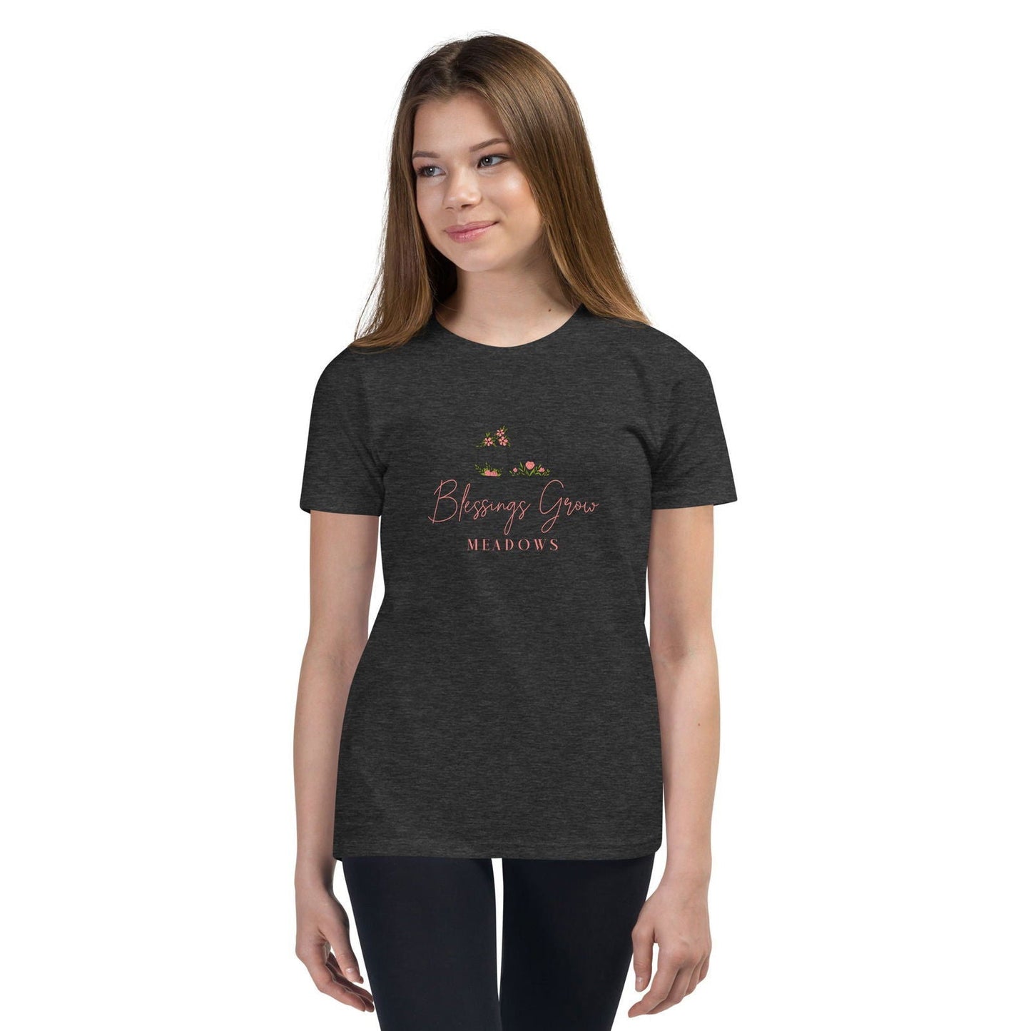 Navy youth Comfort Colors T-shirt with Blessings Grow Meadows logo, casual fit, soft fabric, and comfortable style.