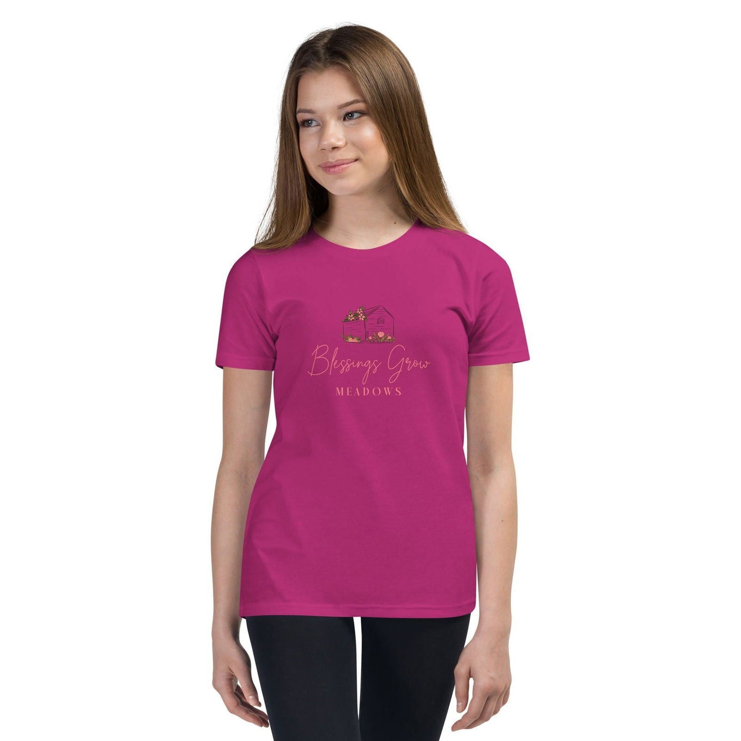 Navy youth Comfort Colors T-shirt featuring Blessings Grow Meadows logo and design on the front.