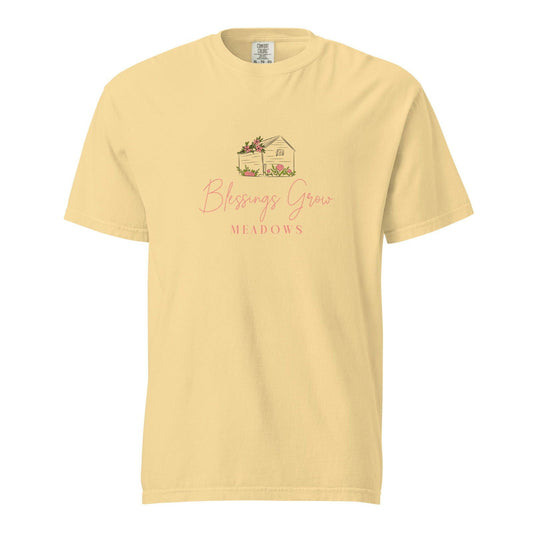 Blessings Grow Meadows unisex navy heavyweight garment-dyed T-shirt with logo, casual style, front view, soft fabric details