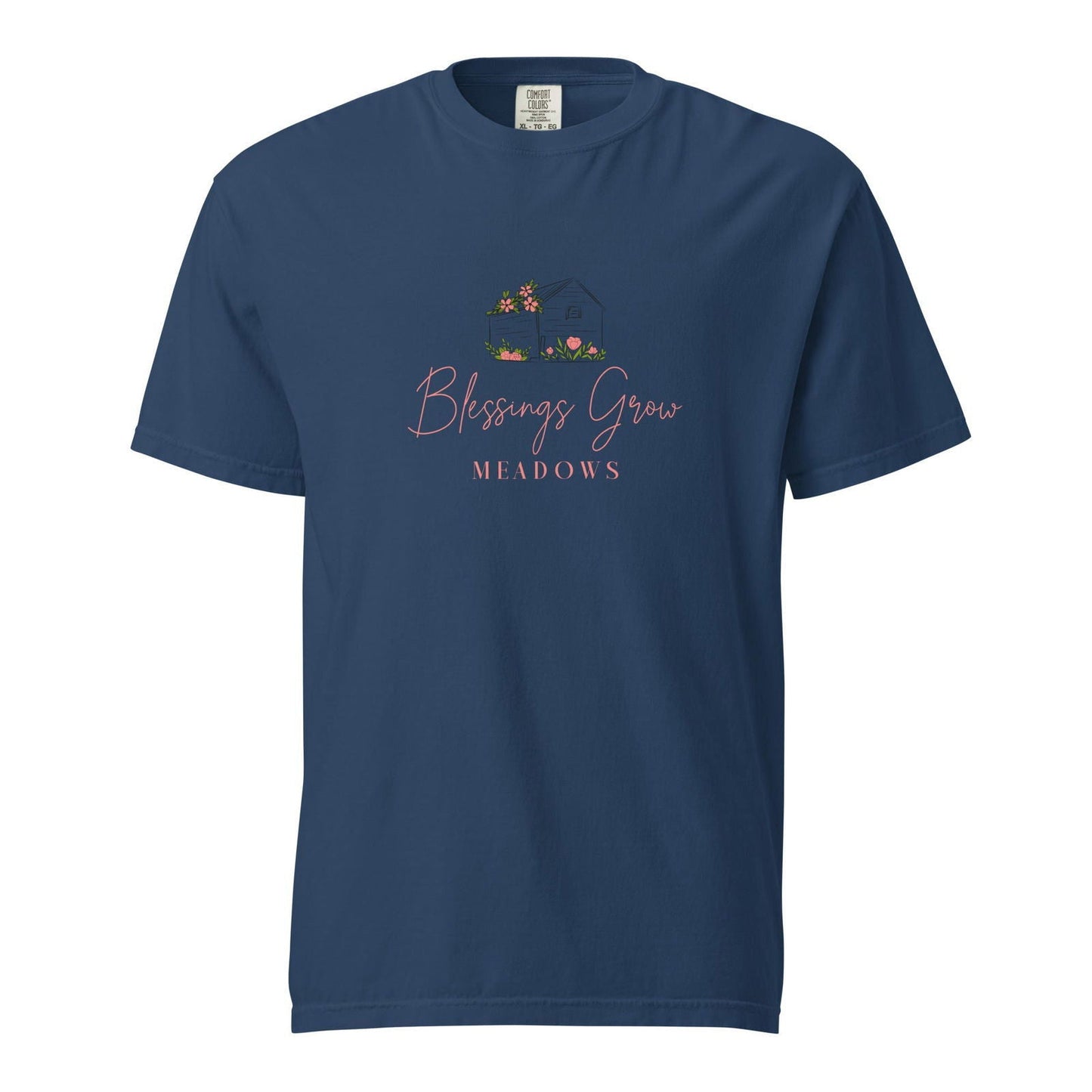 Unisex navy heavyweight T-shirt by Blessings Grow Meadows with logo, garment-dyed for a soft, casual fit.