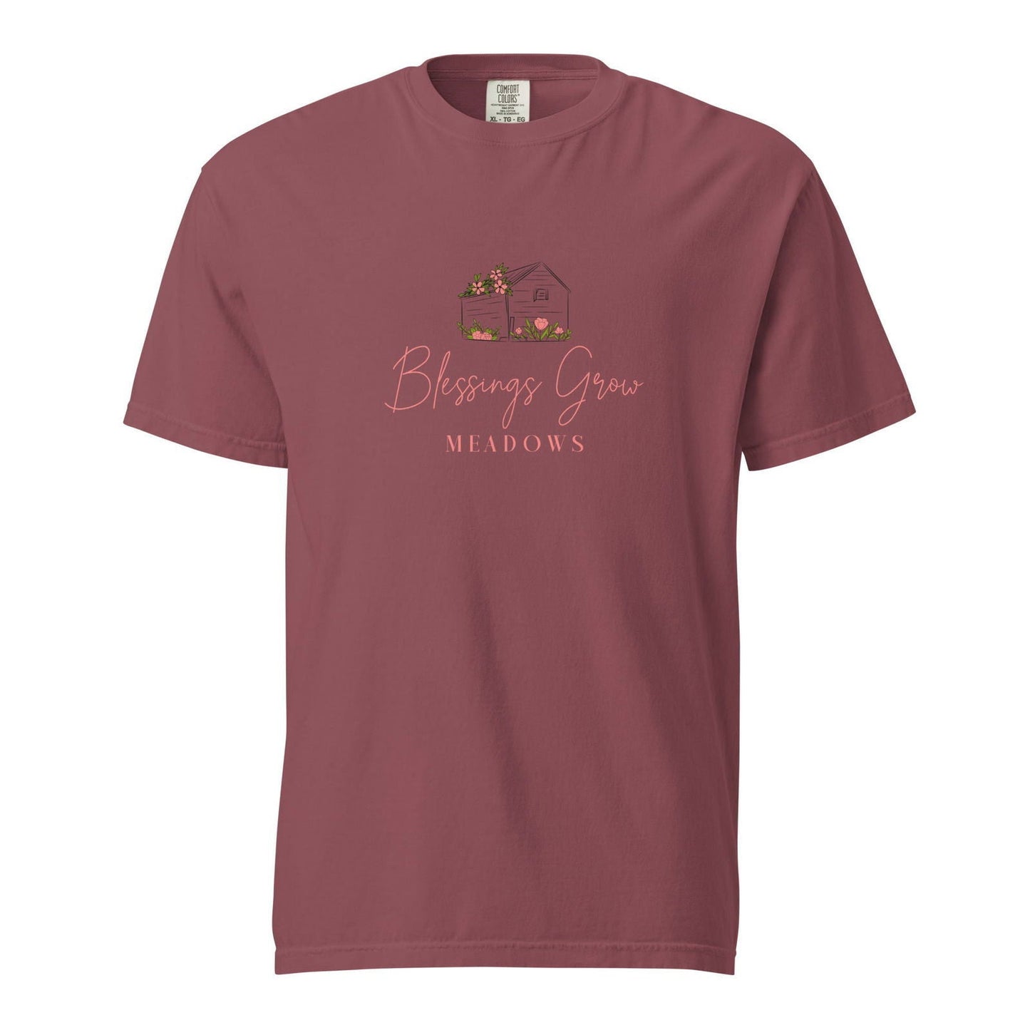 Unisex navy heavyweight T-shirt by Blessings Grow Meadows with logo, made from garment-dyed fabric, casual and comfortable.