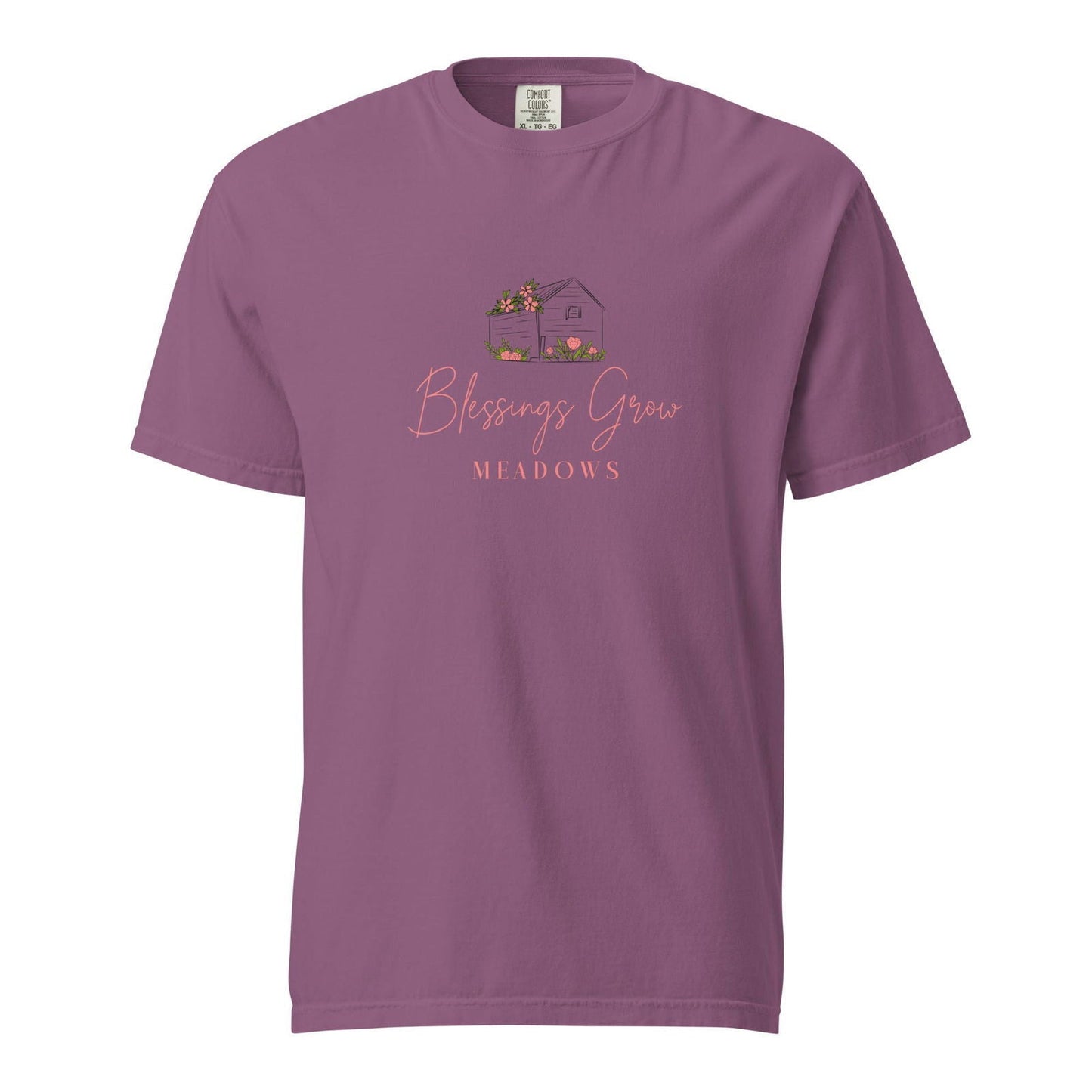 Unisex Blessings Grow Meadows navy garment-dyed heavyweight T-shirt with logo design, casual fit, and soft fabric.