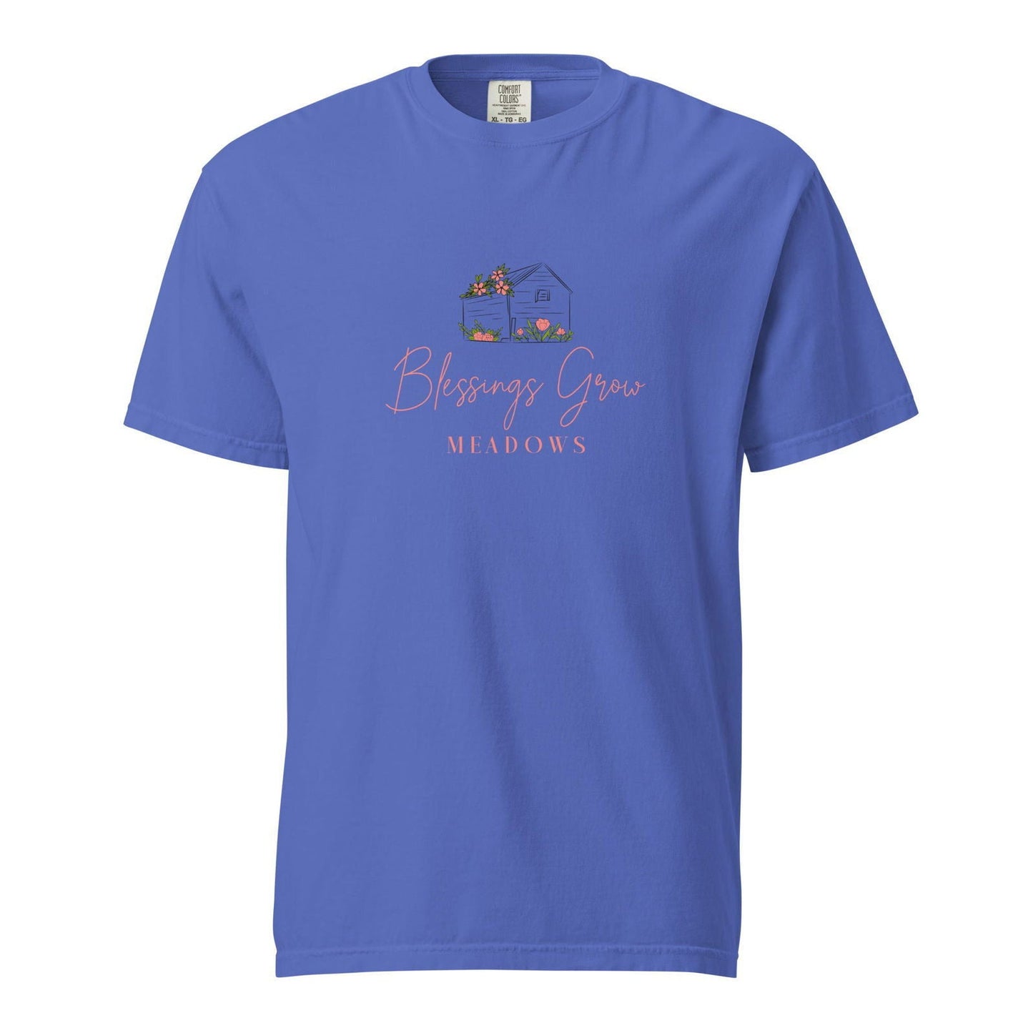 Unisex navy heavyweight T-shirt with Blessings Grow Meadows logo, garment-dyed, casual style, and comfortable fit.
