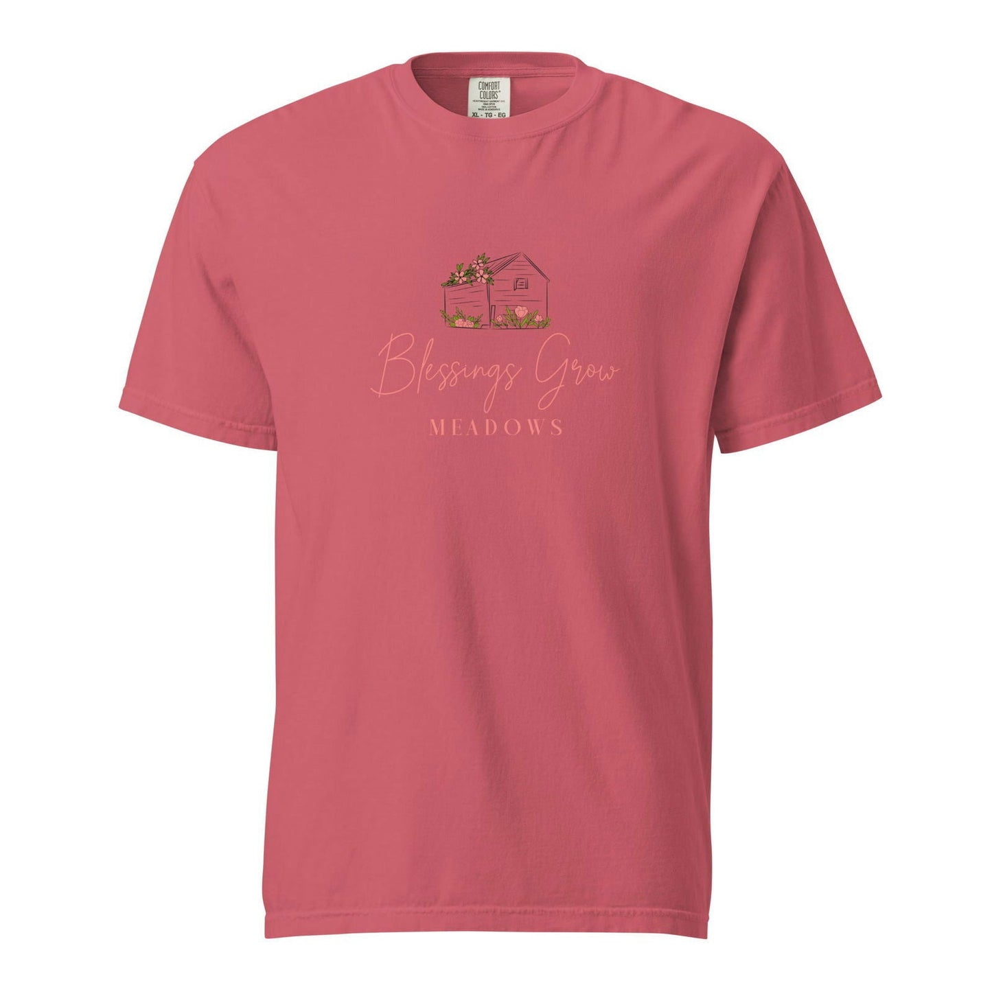 Unisex Blessings Grow Meadows navy heavyweight T-shirt with logo, garment-dyed, comfortable casual shirt for everyday wear.