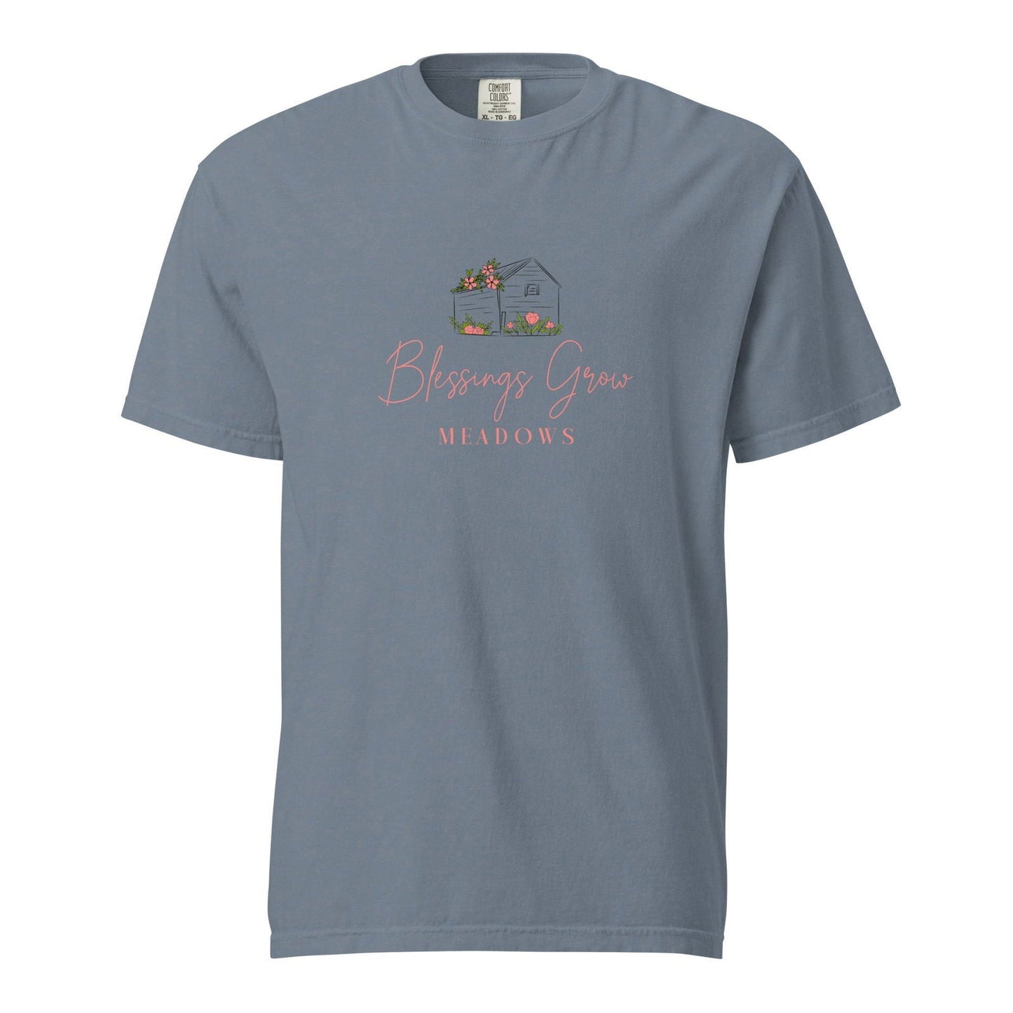 Blessings Grow Meadows navy unisex heavy-weight garment-dyed T-shirt with logo design, casual and comfortable apparel.