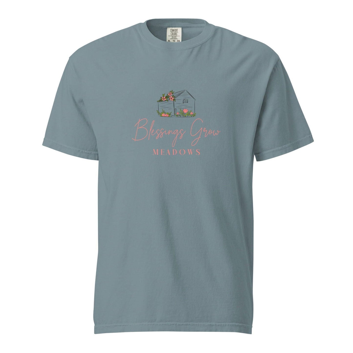 Unisex Blessings Grow Meadows navy heavyweight T-shirt with logo, garment-dyed, soft fabric, casual fit, perfect for everyday wear.