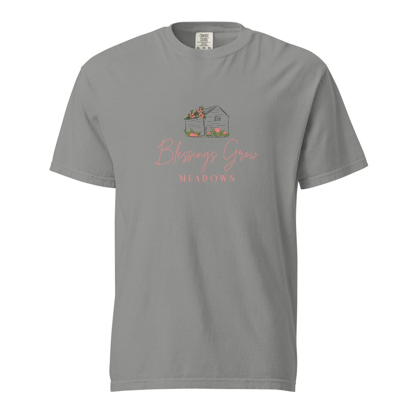 Unisex Blessings Grow Meadows navy heavyweight T-shirt with logo, garment-dyed, soft fabric, casual style.