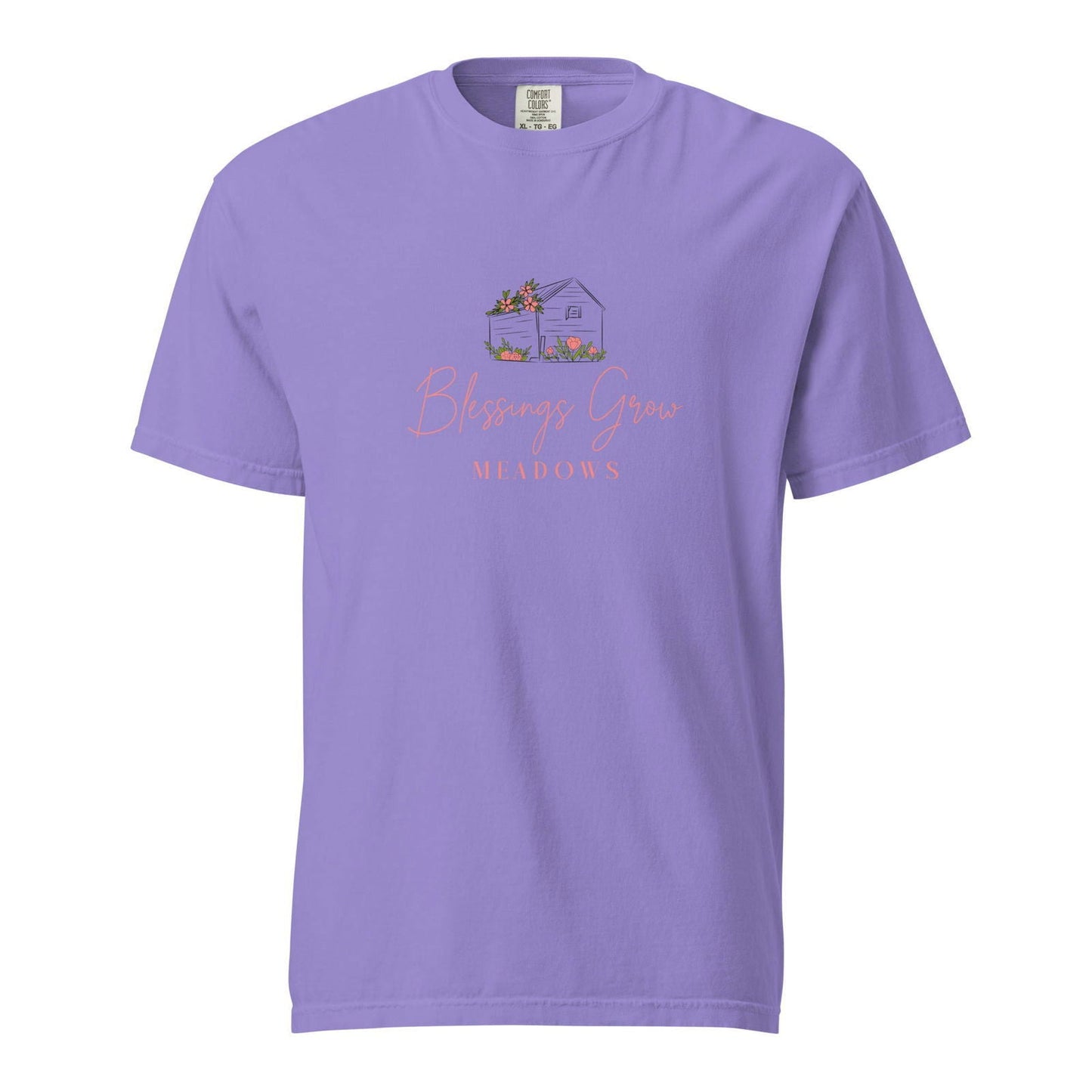Blessings Grow Meadows unisex navy heavyweight T-shirt with logo, garment-dyed fabric, casual shirt for men and women.