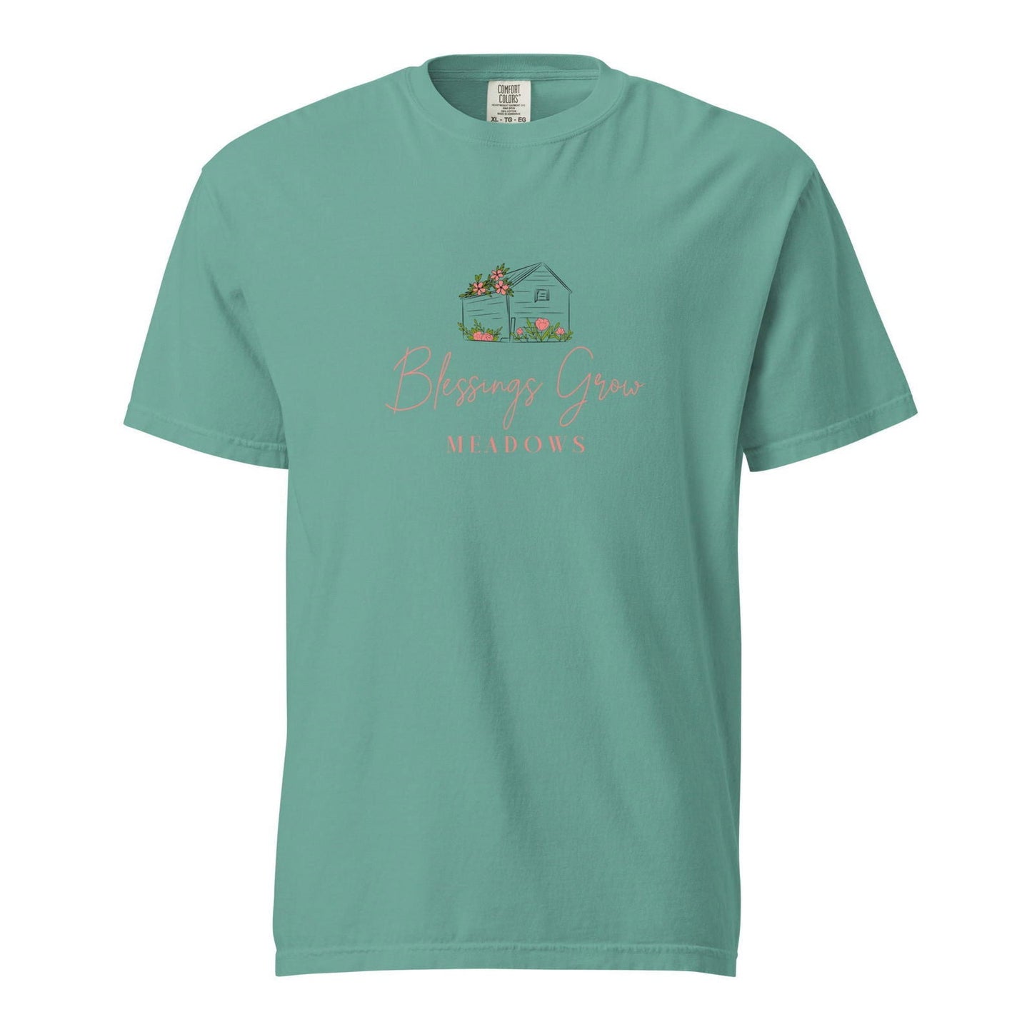 Unisex navy heavyweight T-shirt by Blessings Grow Meadows with logo, garment-dyed fabric, casual fit, and soft texture.