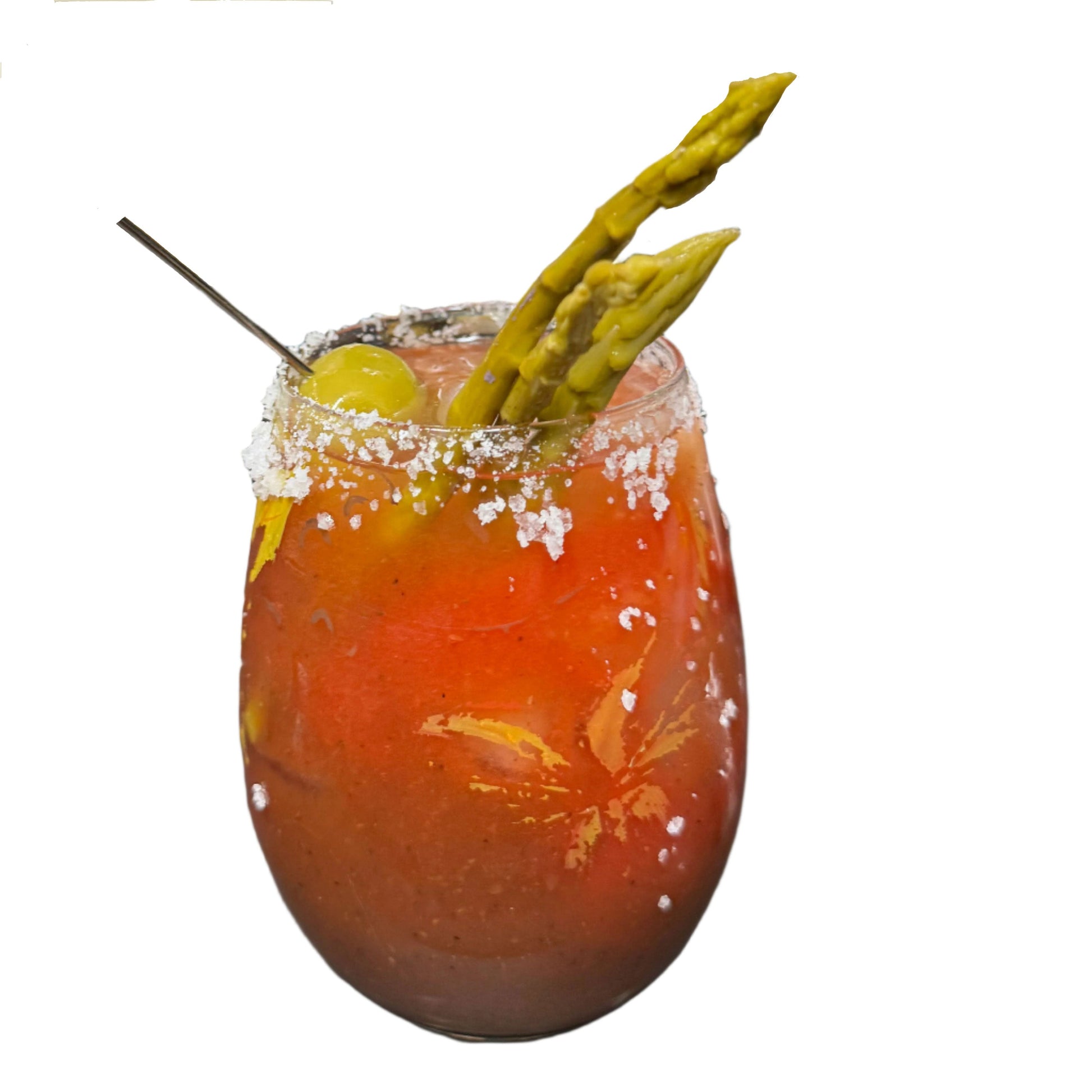 Glass jar of Ely Farms pickled asparagus spears in brine, 16 oz, with vibrant green asparagus and pickling spices visible.
