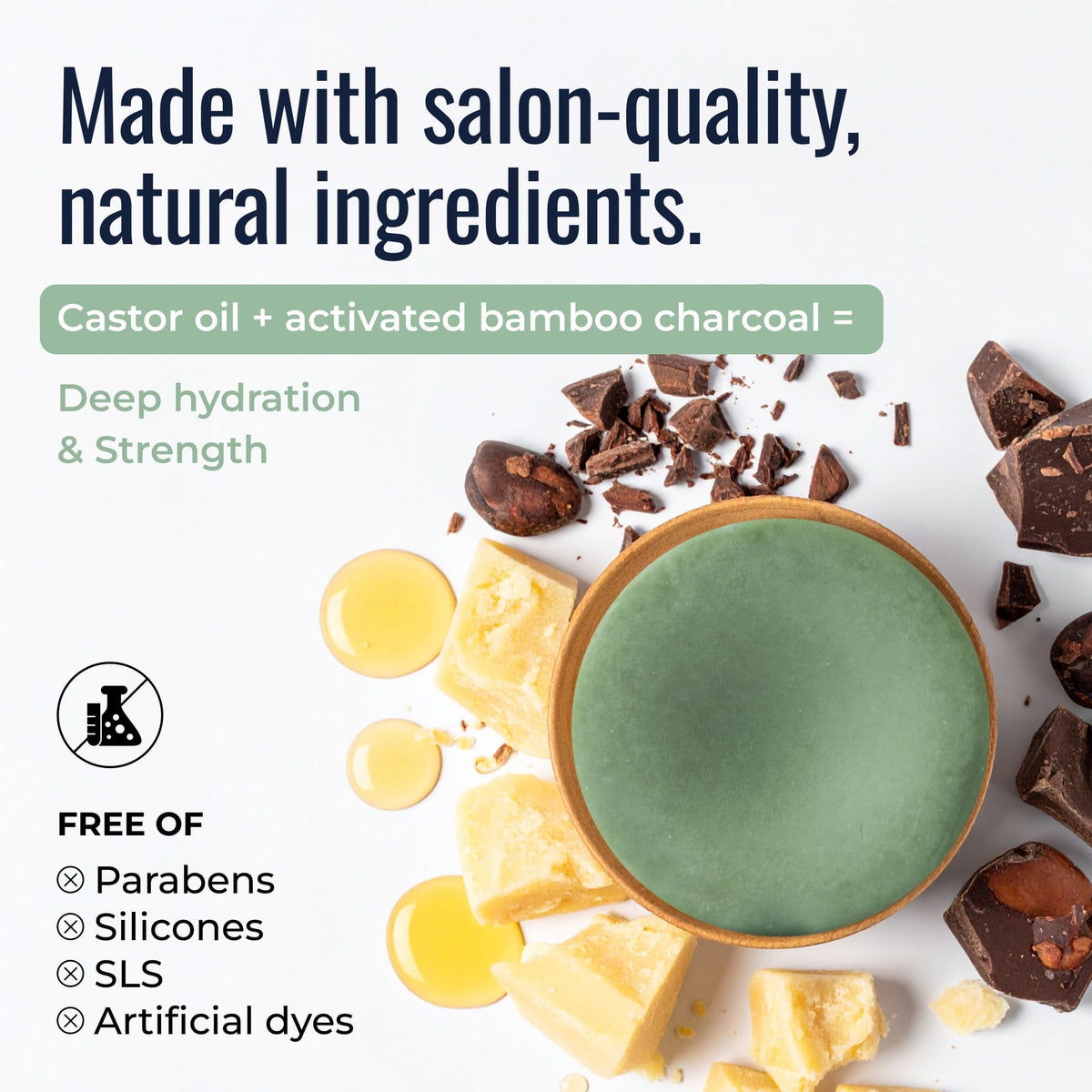 Castor oil conditioner bar from ZeroWasteStore with bamboo charcoal and natural ingredients, shown with its packaging and ingredients.