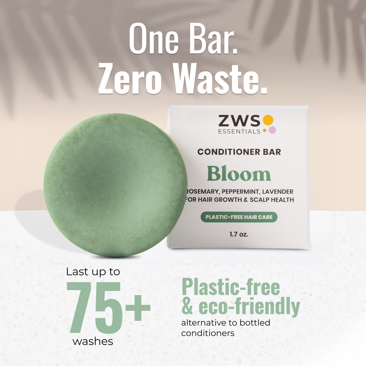 Plastic-free Bloom castor oil conditioner bar by ZeroWasteStore.com, showing the natural soap-like bar with botanical packaging.
