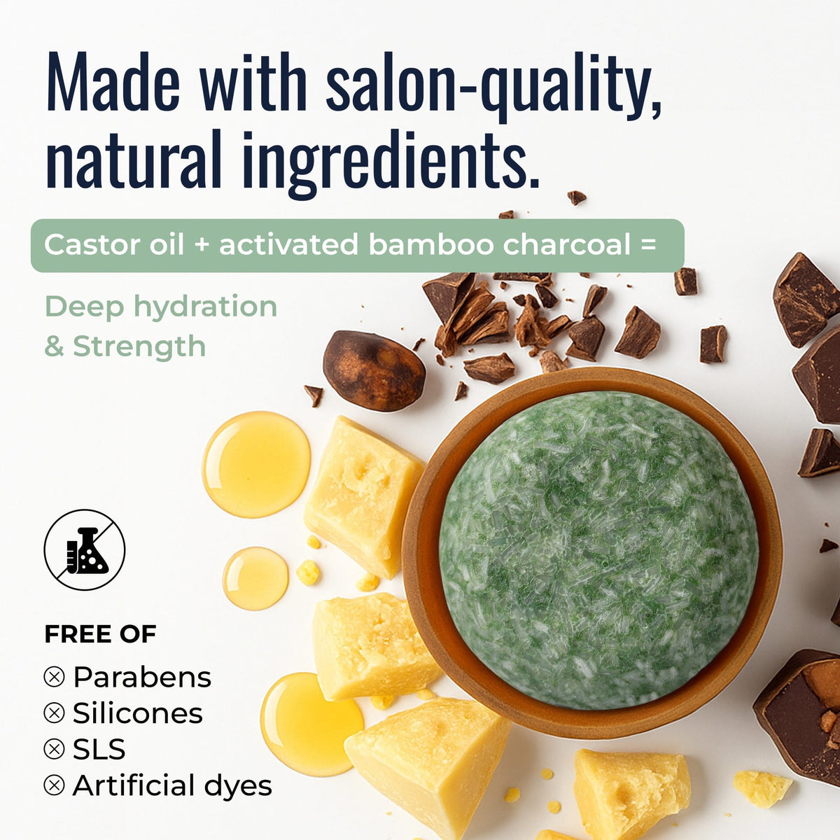 Bloom castor oil shampoo bar by ZeroWasteStore.com with natural ingredients, bamboo charcoal, and castor oil for hair cleansing.