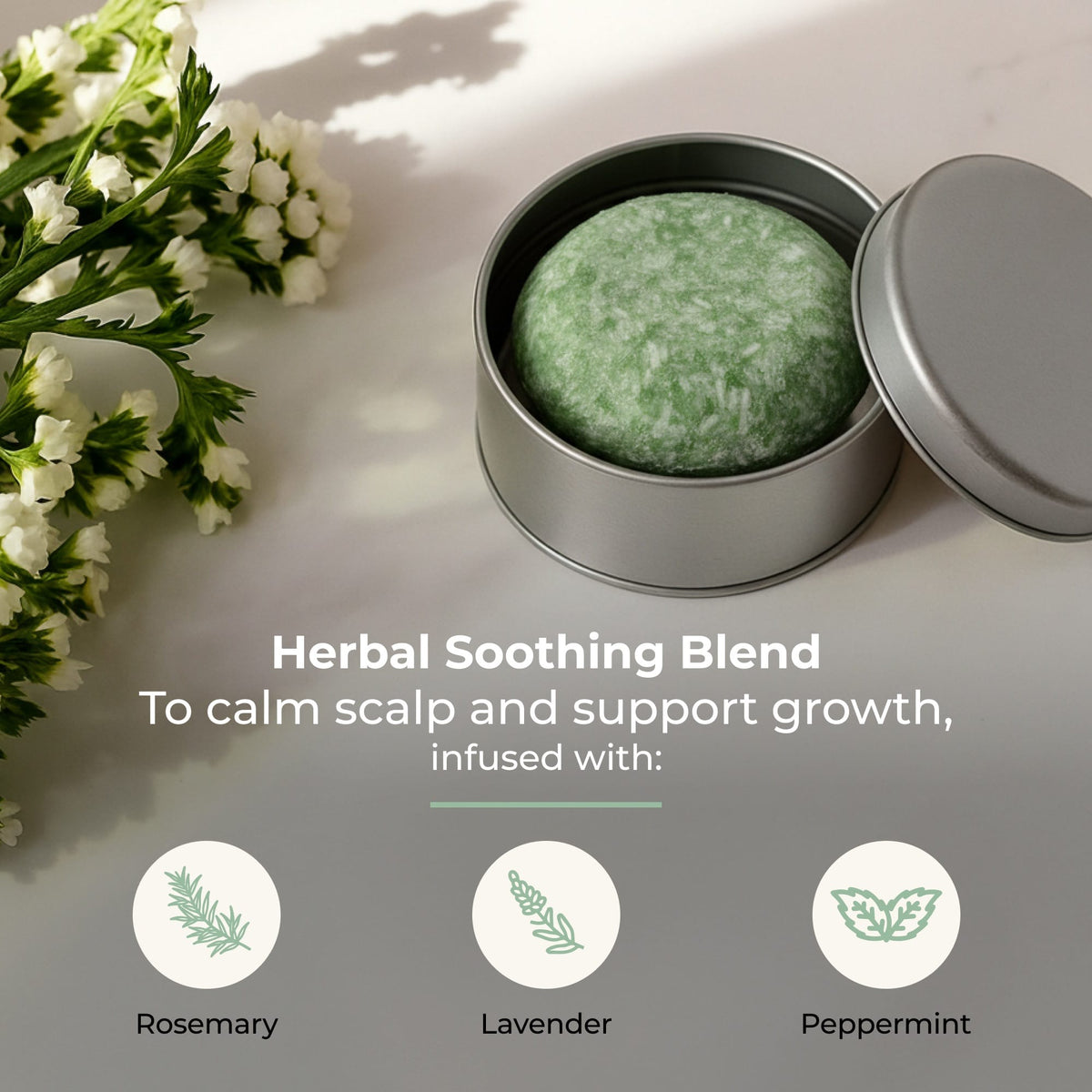 Bloom castor oil shampoo bar by ZeroWasteStore.com, with floral scent notes and natural, eco-friendly shampoo bar design.