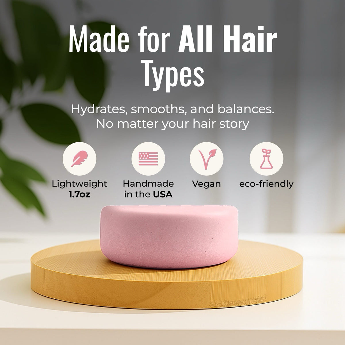 Blossom conditioner bar for all hair types by ZeroWasteStore.com, shown with the bar's floral scent and packaging.