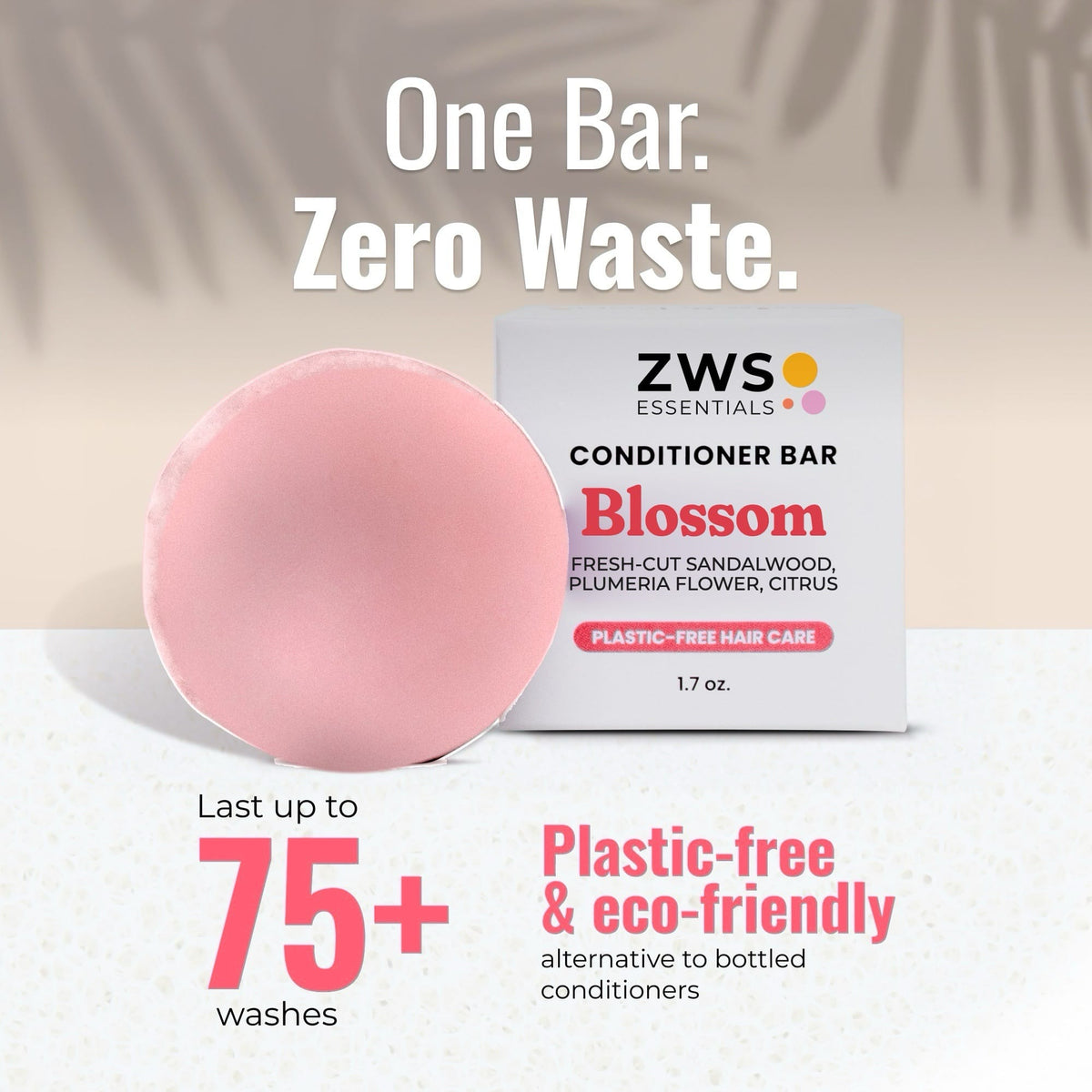 Plastic-free Blossom Conditioner Bar from ZeroWasteStore.com, showing a natural, eco-friendly conditioner bar with blossom scent.