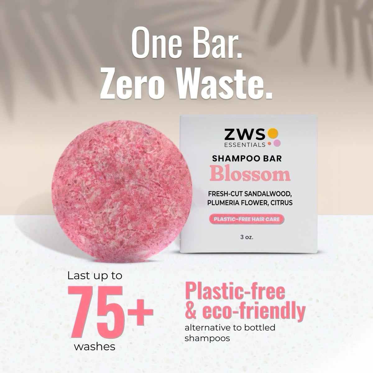 Plastic-free Blossom Shampoo Bar by ZeroWasteStore.com, natural shampoo with floral scent, 75 washes, eco-friendly hair cleansing product.
