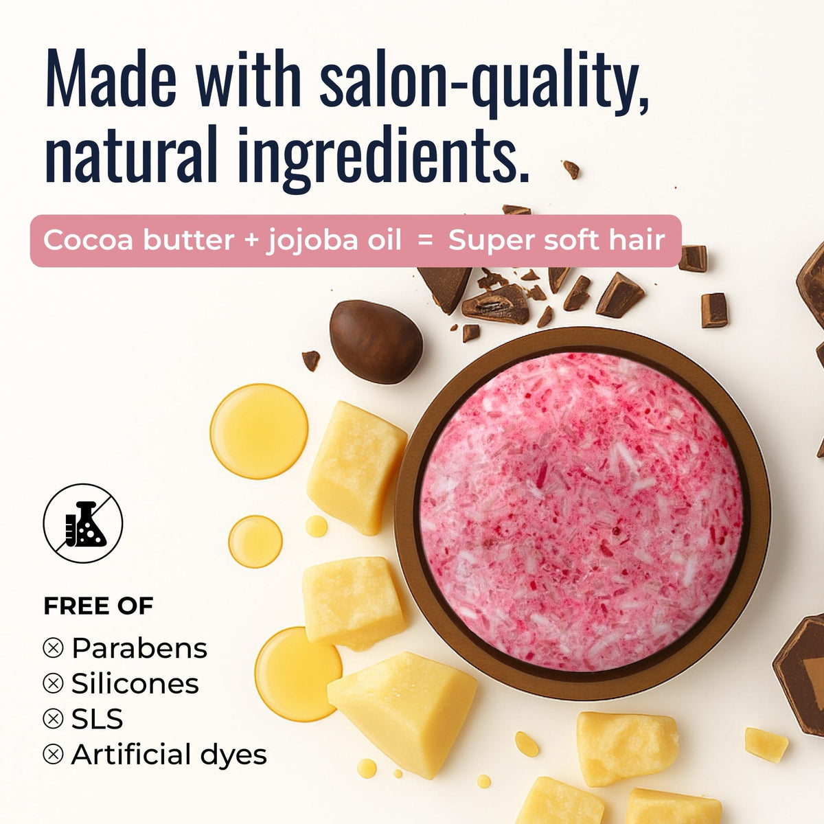Blossom shampoo bar by ZeroWasteStore.com with natural ingredients like cocoa butter and jojoba oil, showing a wrapped eco-friendly shampoo bar.