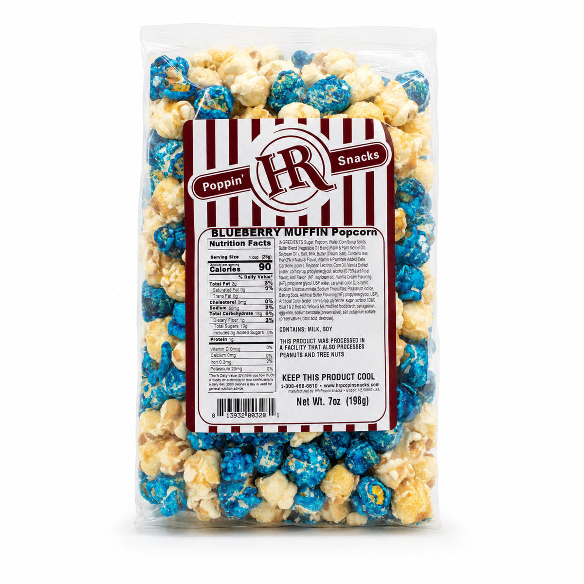 Blueberry muffin popcorn in a clear bowl, showing blue and golden popcorn pieces with blueberry flavor details.