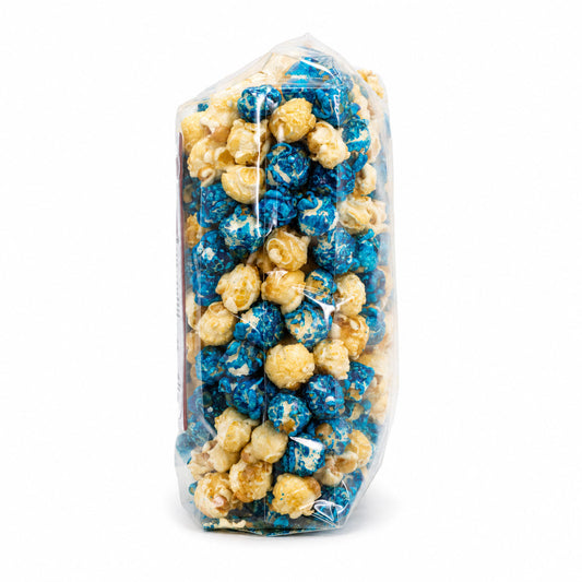 Blueberry Muffin Popcorn by HR Poppin' Snacks in 8 oz bag, featuring blue and purple popcorn coated with blueberry muffin flavor.