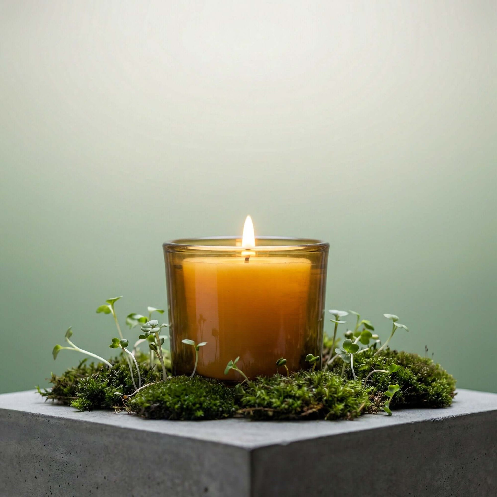 Bluecorn Candles pure beeswax votive candle in a light amber whiskey recycled glass holder with a warm glow.