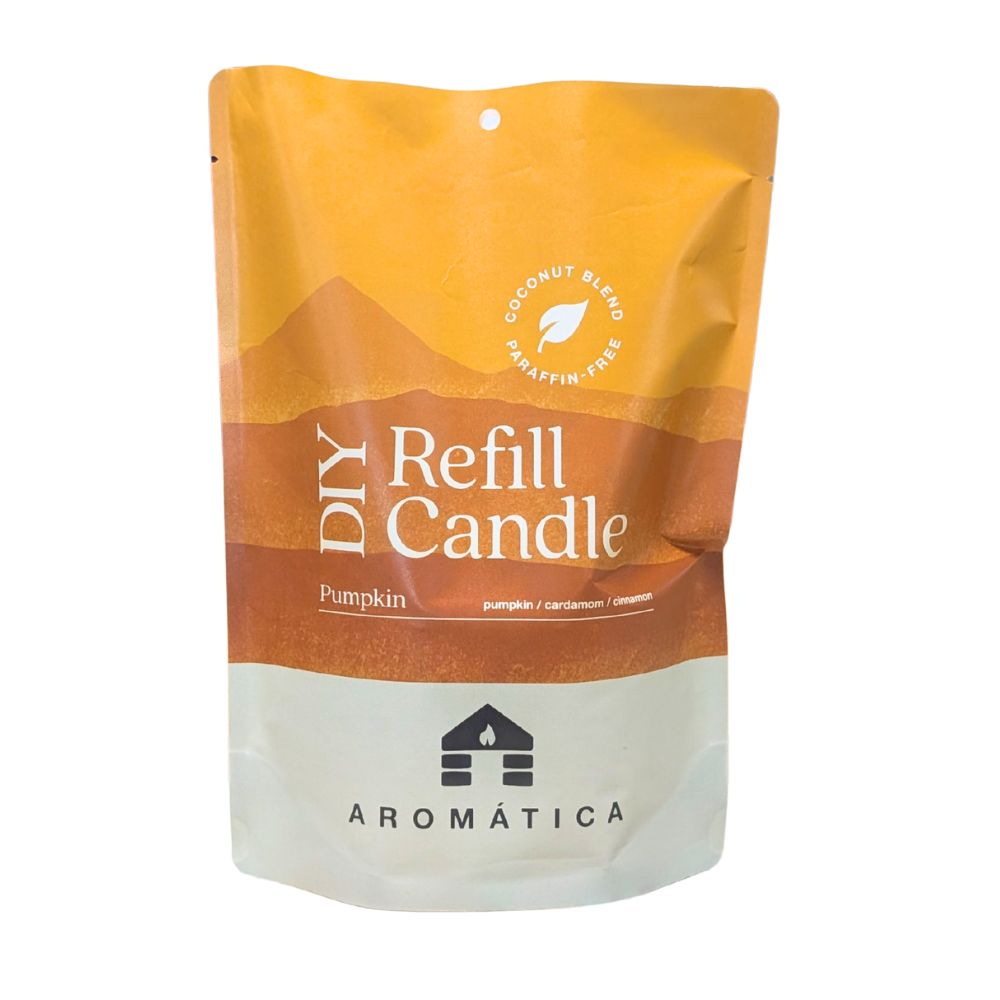Bluecorn Candles Aromática scented candle refill kit with pumpkin fragrance on white background, including refill jars and wicks.