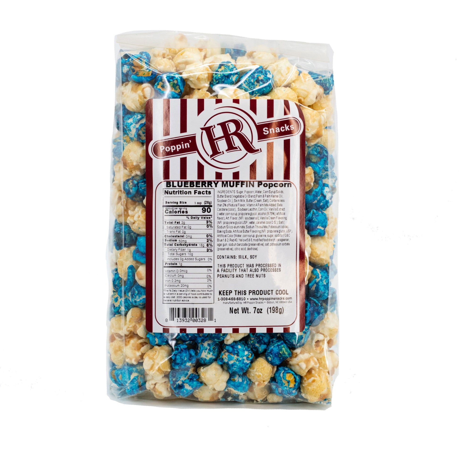 Blueberry muffin popcorn in an 8 oz bag from HR Poppin' Snacks, showcasing colorful blueberry muffin-flavored popcorn kernels.