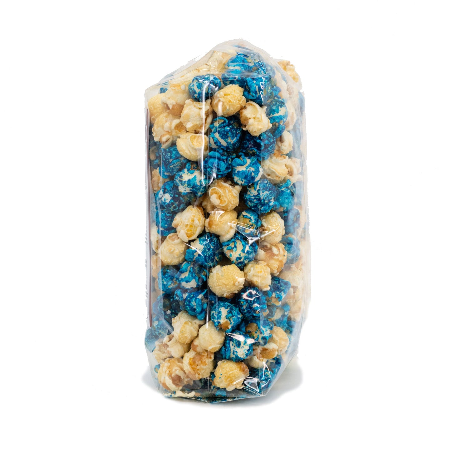 Blueberry muffin flavored popcorn in an 8 oz bag from HR Poppin' Snacks, with blue and purple packaging and popcorn visible inside.