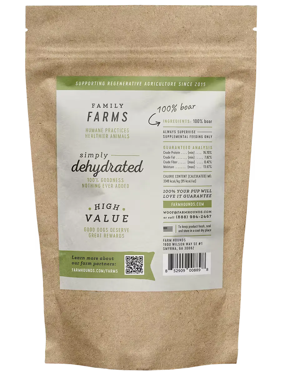 Farm Hounds boar strips, natural dried boar meat strips, showing the product's texture and appearance from the back view.